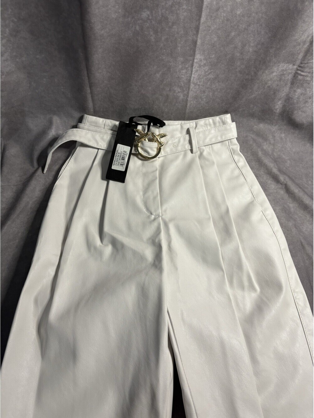 Pinko Raphaela White Faux Leather Pants Size 36 with Gold Love Birds Belt NWT